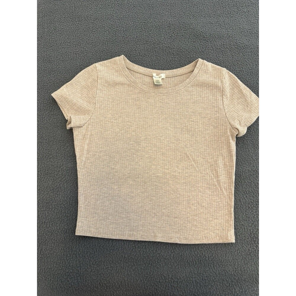 Bozzolo Beige Solid Ribbed Knit Round Neck Short Sleeve T-Shirt Girls L
